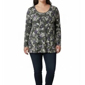 J. Jill Womens XL Gray Floral Long Sleeve Scoop Neck Tunic Top Cotton Blend